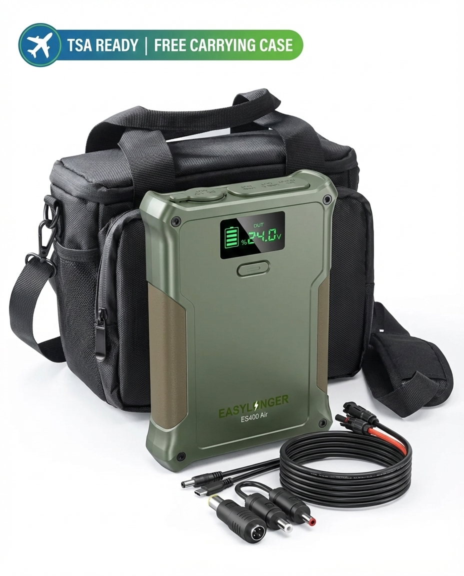 Green power bank with cables and carrying case on a white background