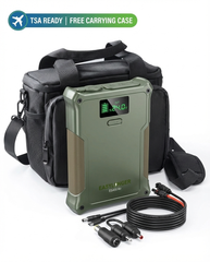 Green power bank with cables and carrying case on a white background