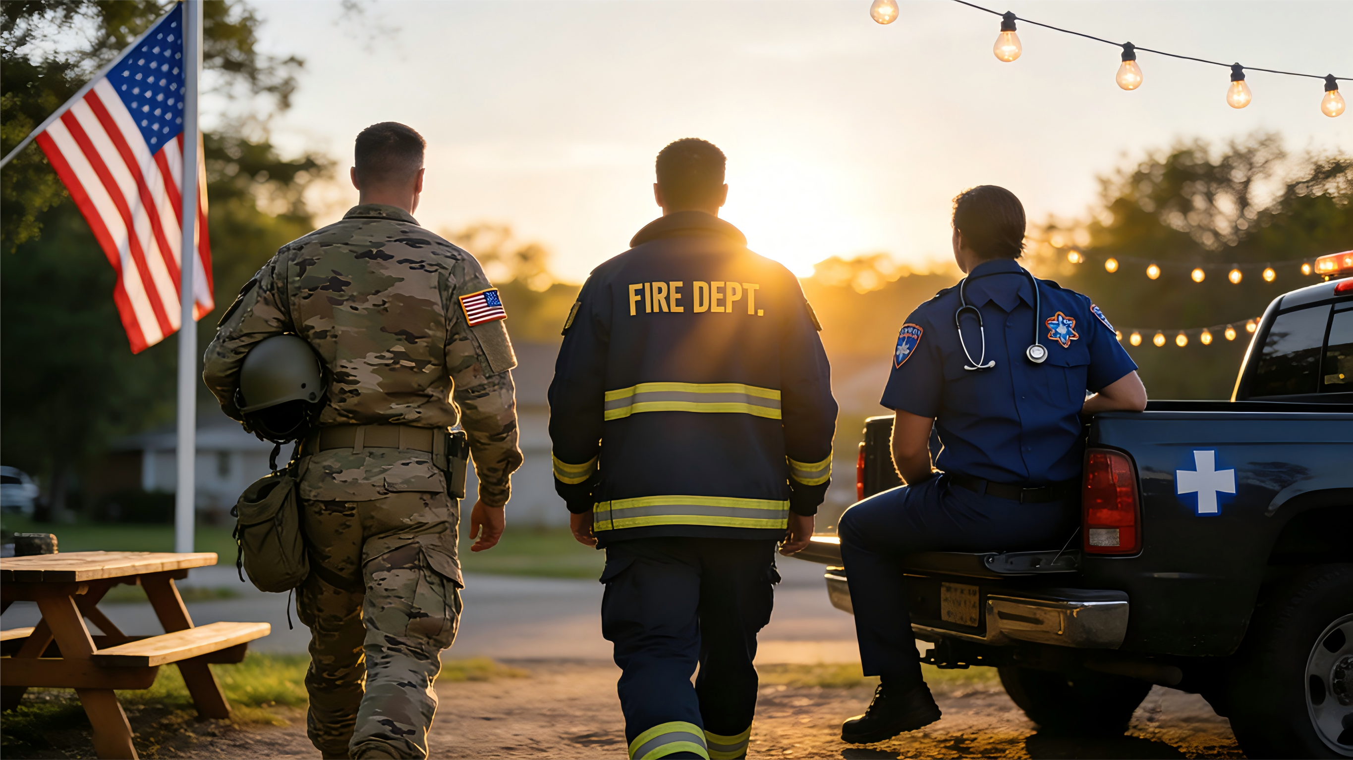 Three men, dressed as a soldier, a firefighter, and a paramedic, are together outdoors at sunset. The firefighter and soldier stand while the paramedic sits on a truck bed. An American flag and string lights are visible.