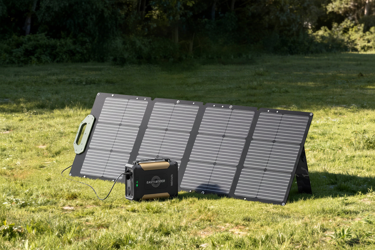 Solar panel on grass with text about solar charging capabilities
