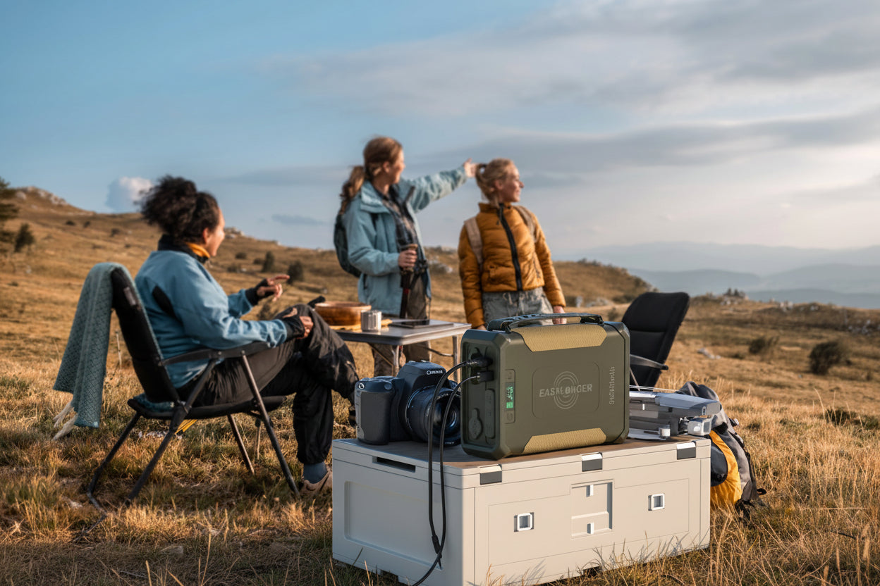 Three people enjoying a picnic with EASYLONGER ES960 equipment in a scenic outdoor setting.