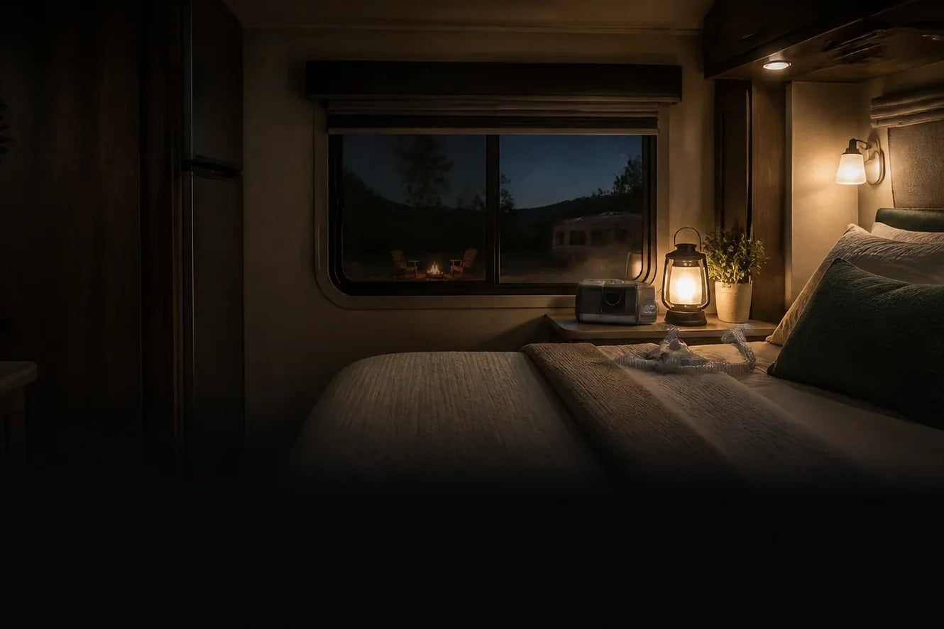 A prepared CPAP sleeping space inside an RV at night