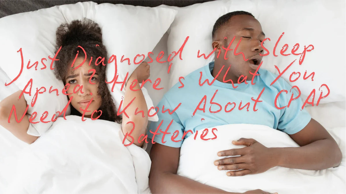 A sleeping person beside a partner covering their ears, with a headline about CPAP batteries