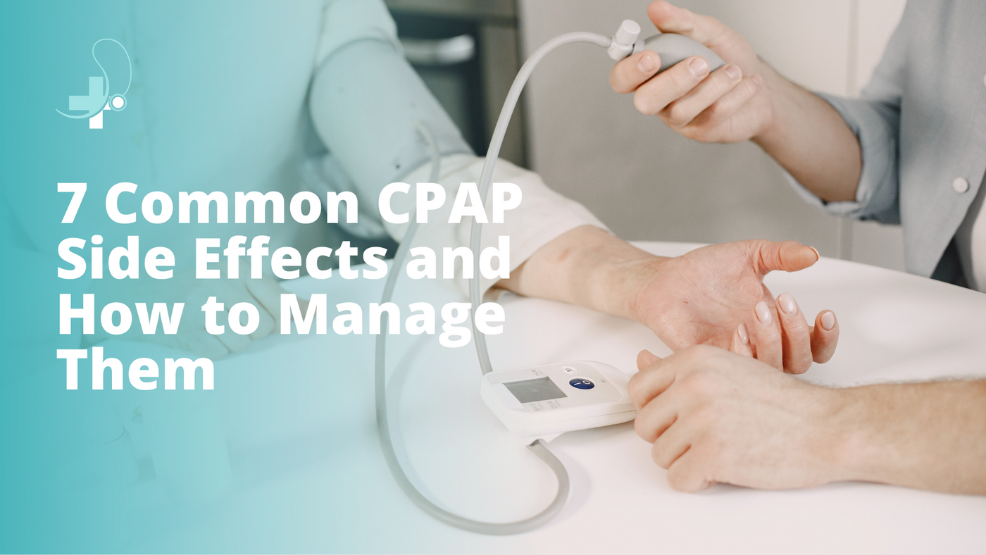 Healthcare professional checking blood pressure with digital monitor, CPAP side effects text