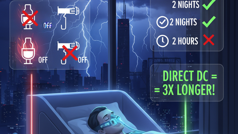 Person using oxygen mask in bed with city skyline and lightning outside, comparison of power supply modes, ES400 AIR battery usage, direct DC equals three times longer duration.