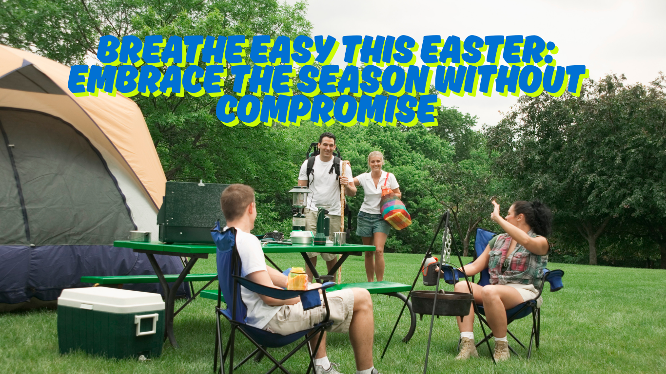 Group camping outdoors with tent, picnic table, camping gear, and two people arriving