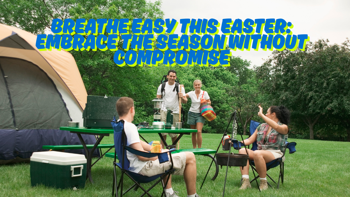 Group camping outdoors with tent, picnic table, camping gear, and two people arriving
