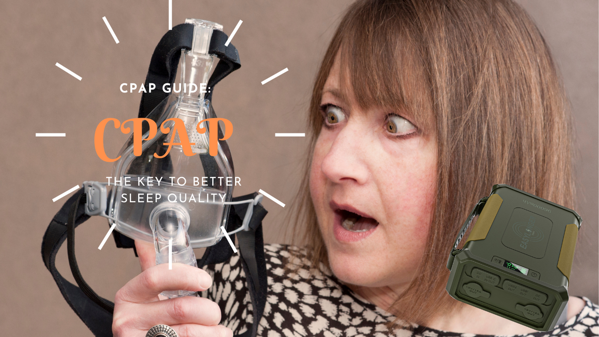 Woman holding a CPAP mask beside a CPAP guide headline and an EASYLONGER ES960 product cutout