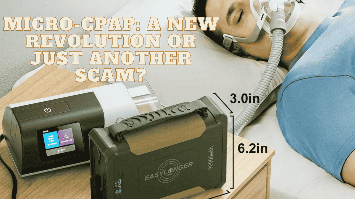 CPAP user and ResMed machine beside an EASYLONGER ES960 in a micro-CPAP explainer graphic