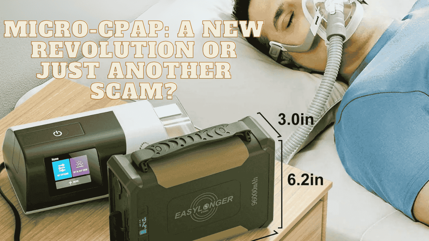 Man sleeping with CPAP mask, black EASYLONGER battery ES400 AIR on table, close-up device measurements