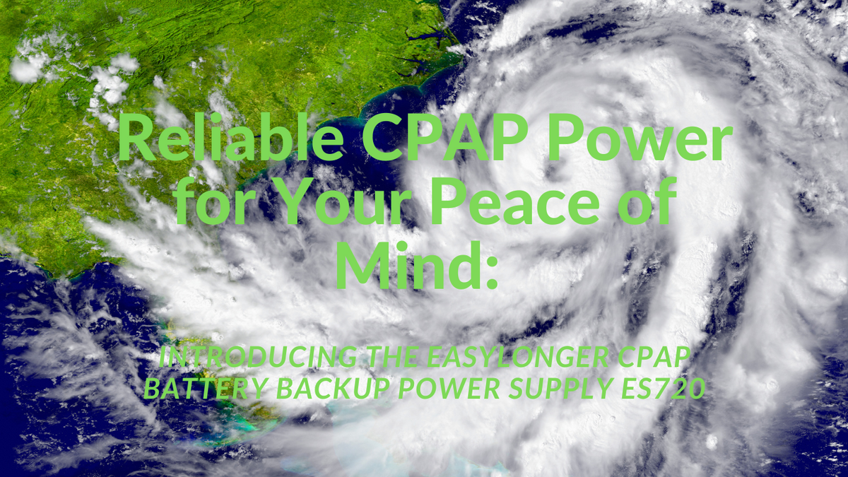 Satellite view of hurricane over green land and ocean, text about reliable CPAP backup power supply ES720