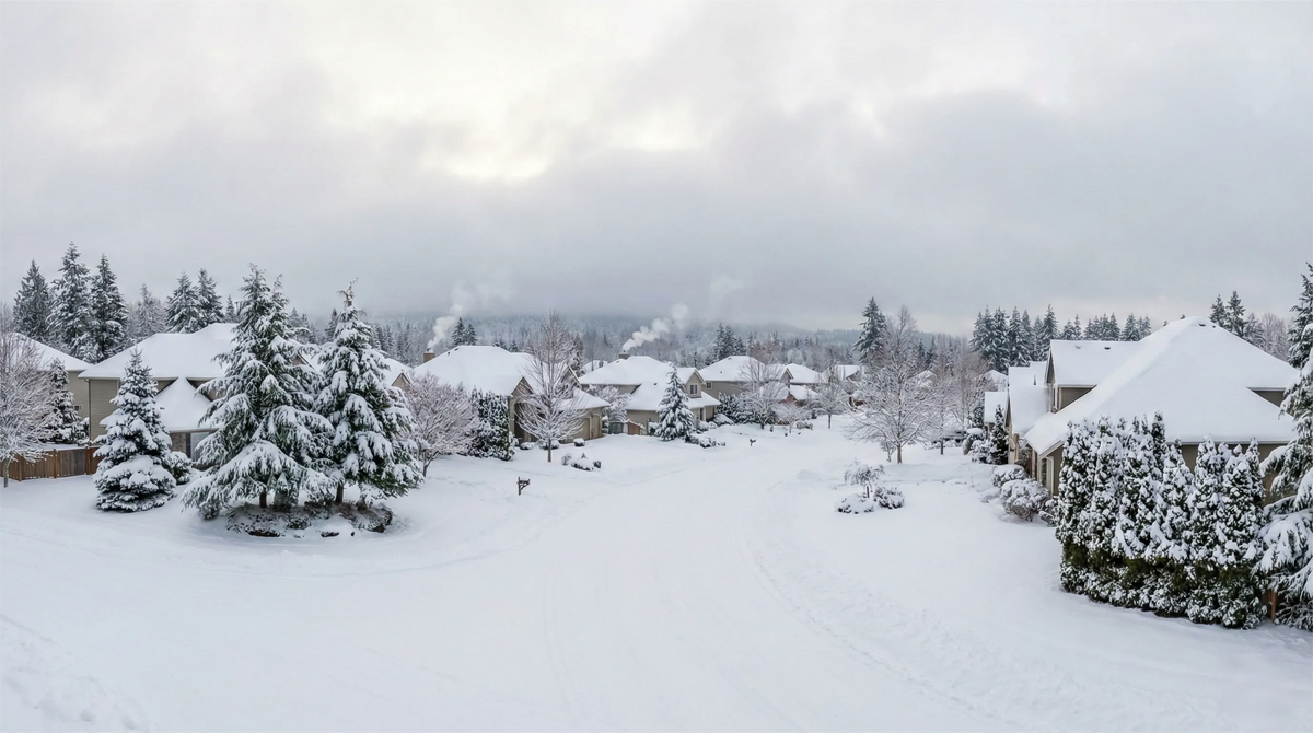 Snow covered houses and trees in a suburban neighborhood during a winter storm