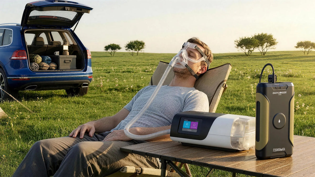 Illustration of a CPAP user resting beside a vehicle, with a CPAP machine and EASYLONGER-style battery
