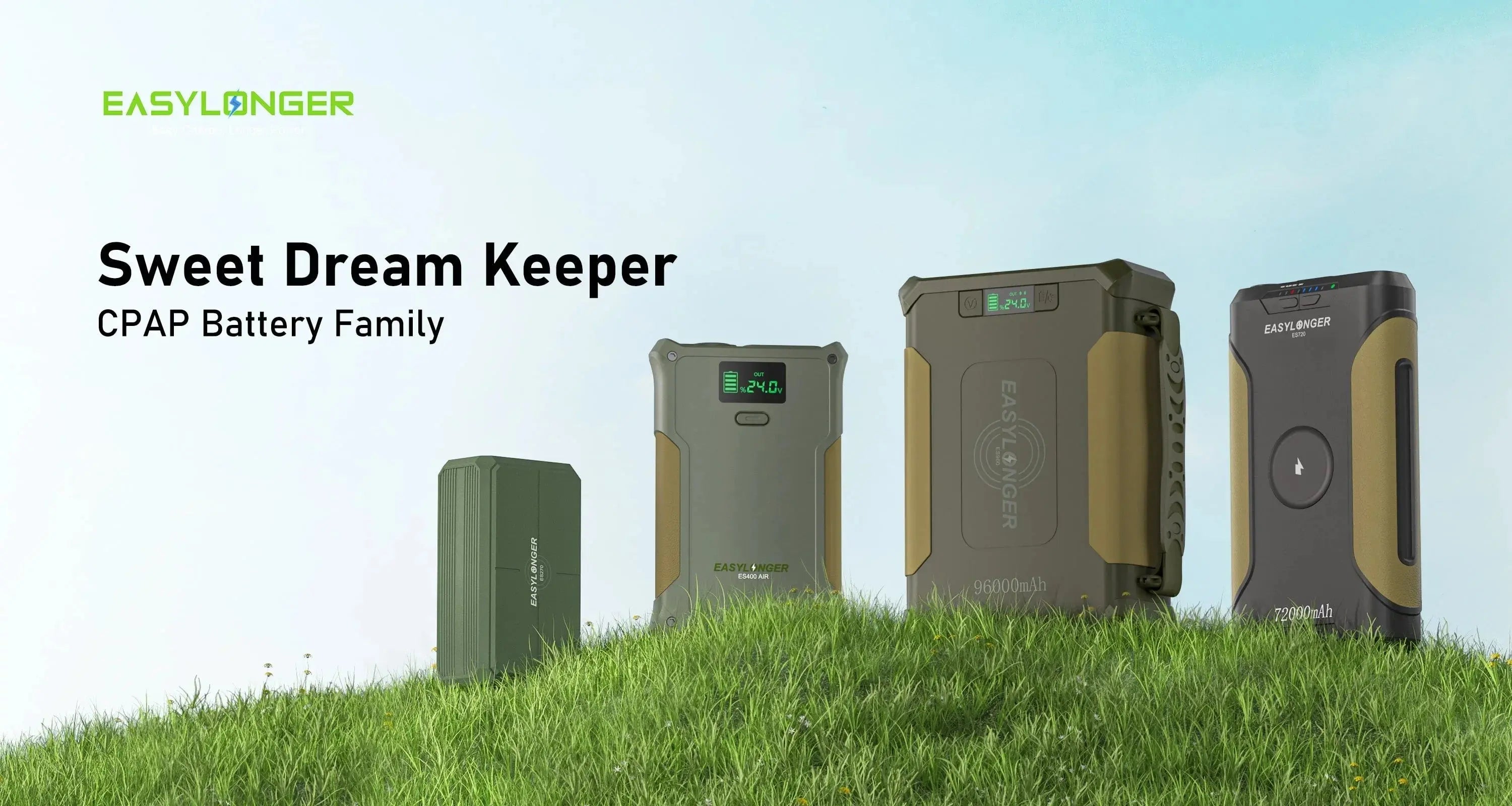 Four EASYLONGER portable CPAP batteries, including the ES400 AIR, displayed on grass