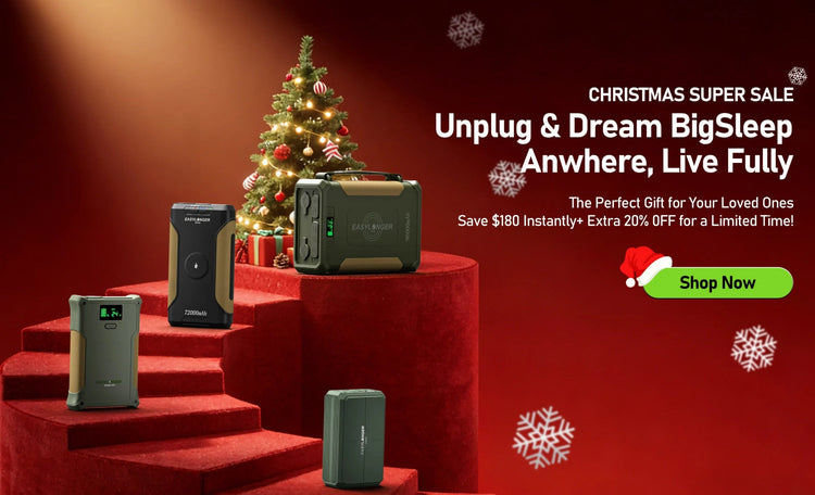 Advertisement for a sleep device with Christmas tree and promotional text on a red background