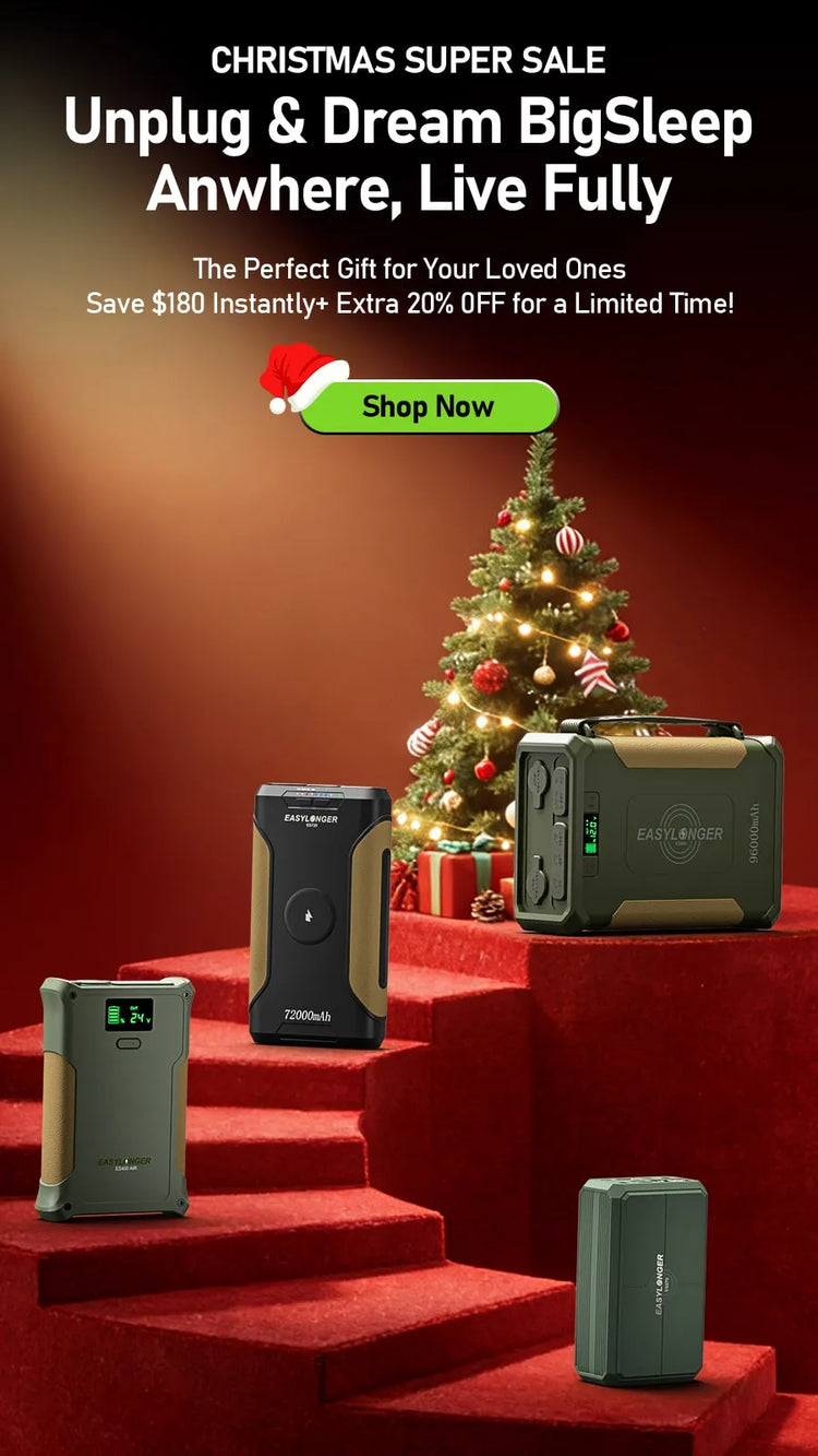 Advertisement for BigSleep power station with Christmas tree and decorations on a red platform.