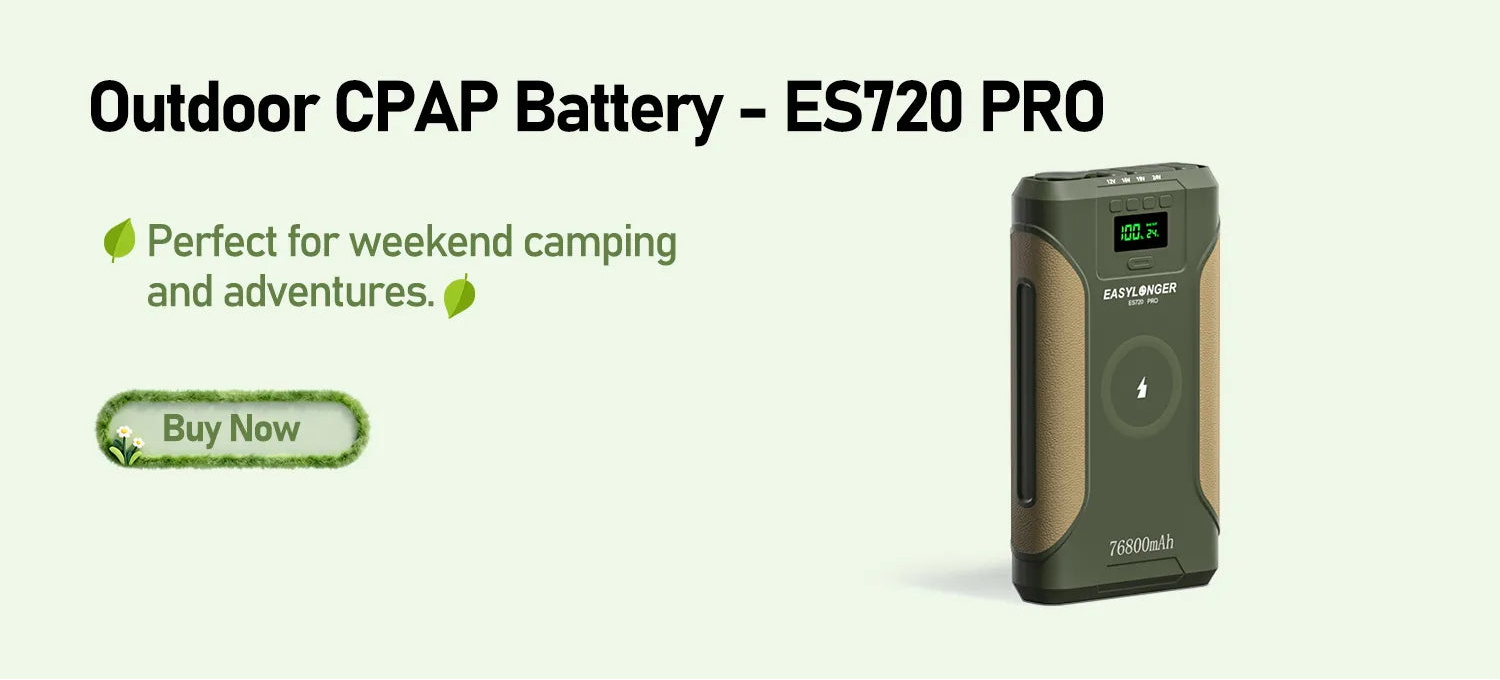 A green outdoor CPAP battery labeled ES720 PRO is shown on the right. Text on the left reads “Outdoor CPAP Battery – ES720 PRO” and “Perfect for weekend camping and adventures.” A green “Buy Now” button is below.