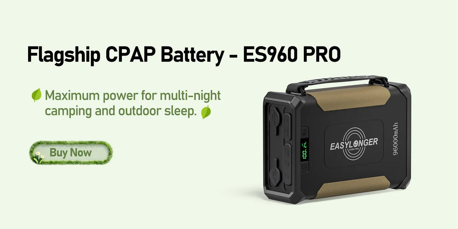 A black and brown portable battery labeled EASYLONGER with digital display is shown. Text reads: Flagship CPAP Battery – ES960 PRO. Maximum power for multi-night camping and outdoor sleep. A Buy Now button is visible.