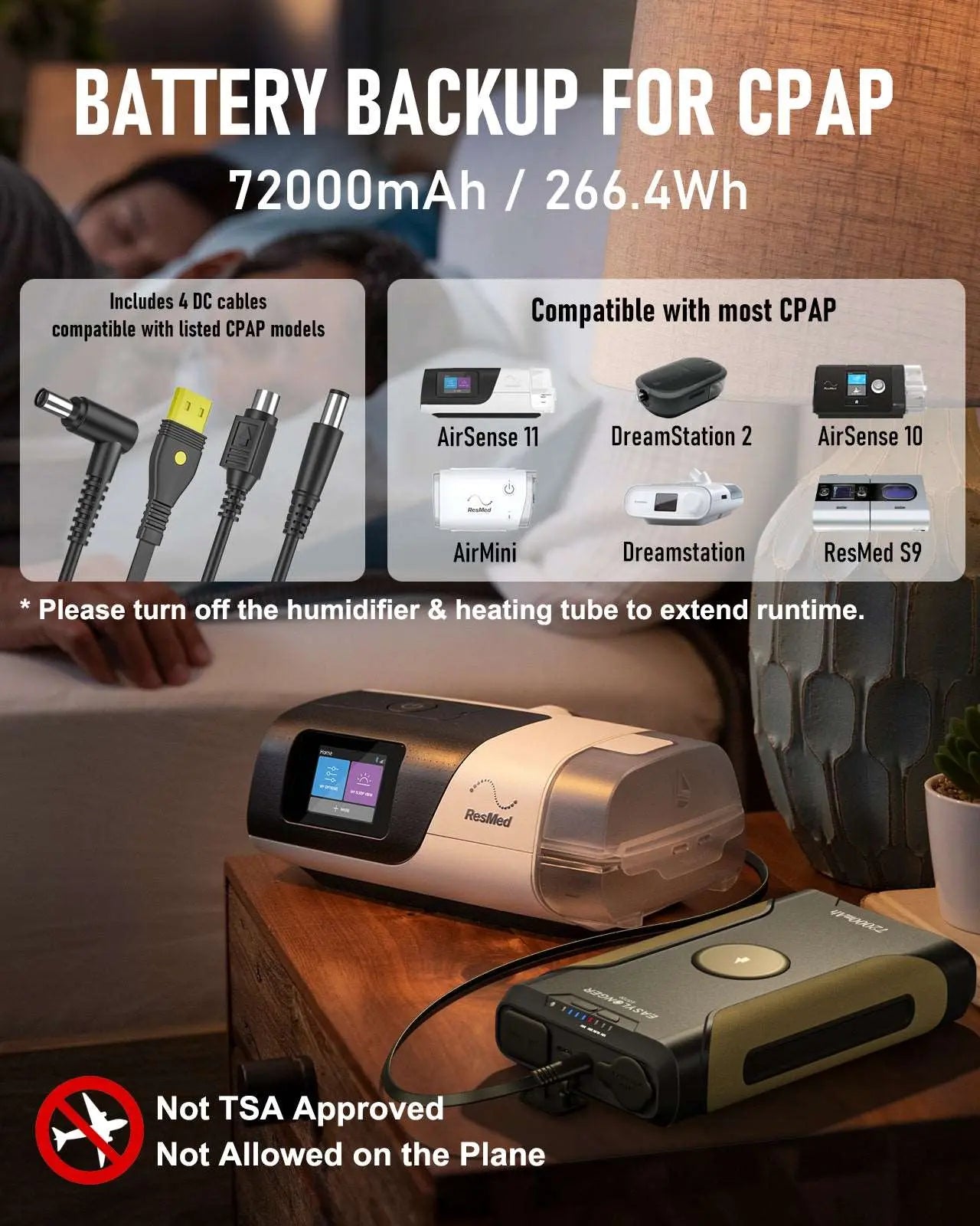 72000mAh CPAP Battery, 5 Ports, 4 Cables, for Multiple CPAP Models