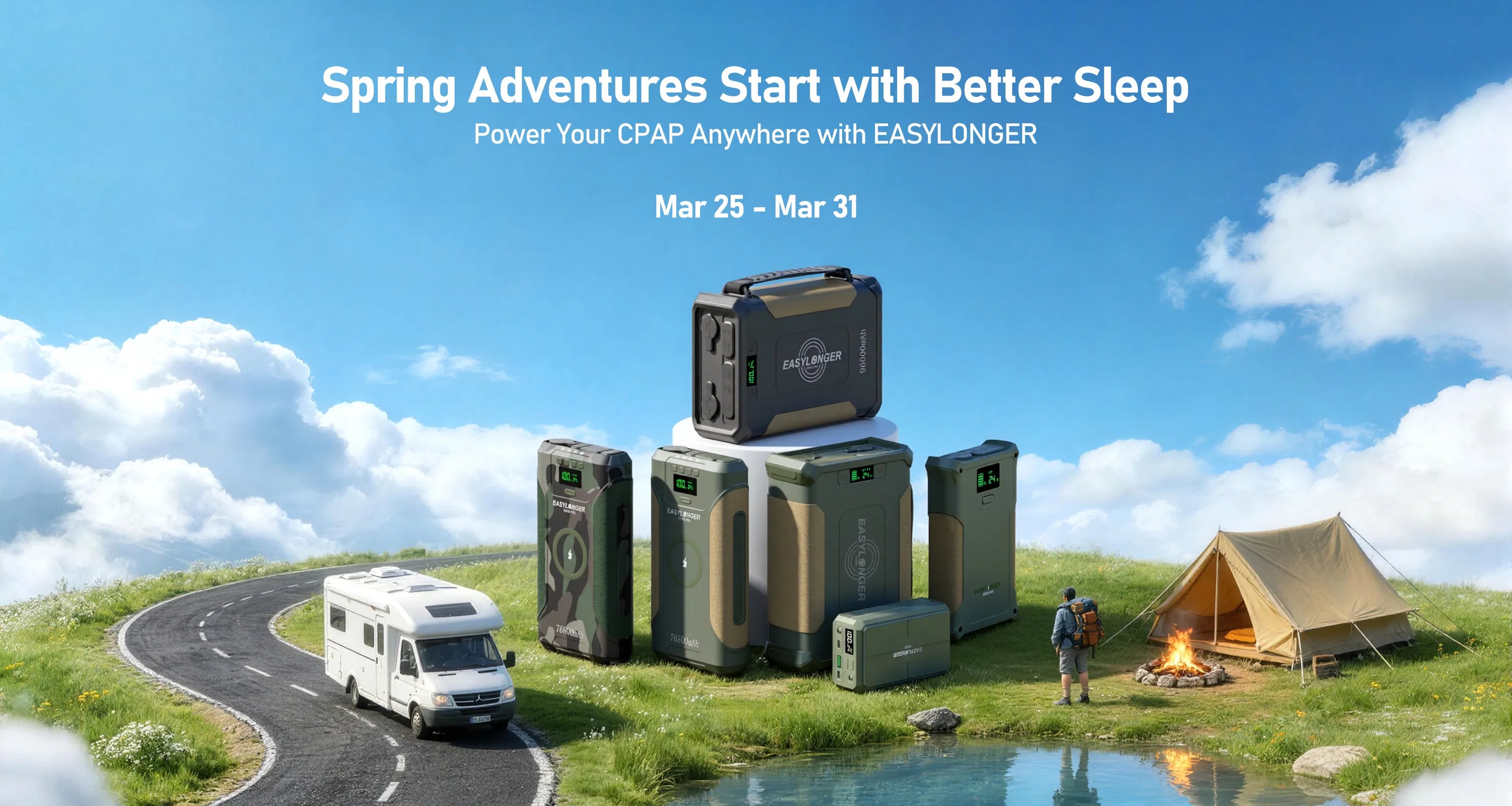 A scenic outdoor setting shows a road with an RV, a tent, and a campfire next to a stack of portable power stations. Text above promotes using EASYLONGER CPAP batteries from March 25 to March 31.