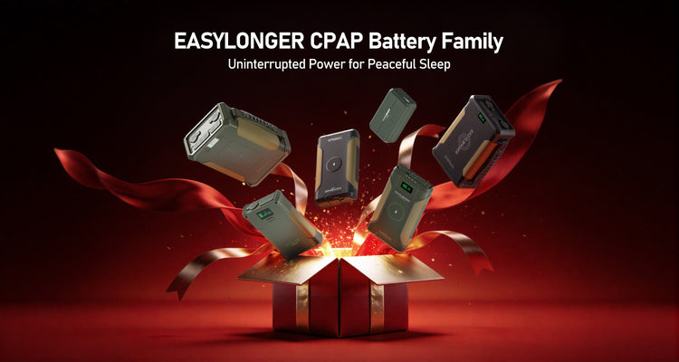 EASYLONGER CPAP battery family with a red ribbon and gift box on a dark background