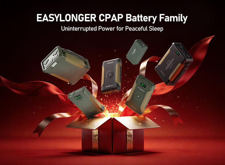 EasilyLonger CPAP battery family with a red gift box and ribbon on a dark background