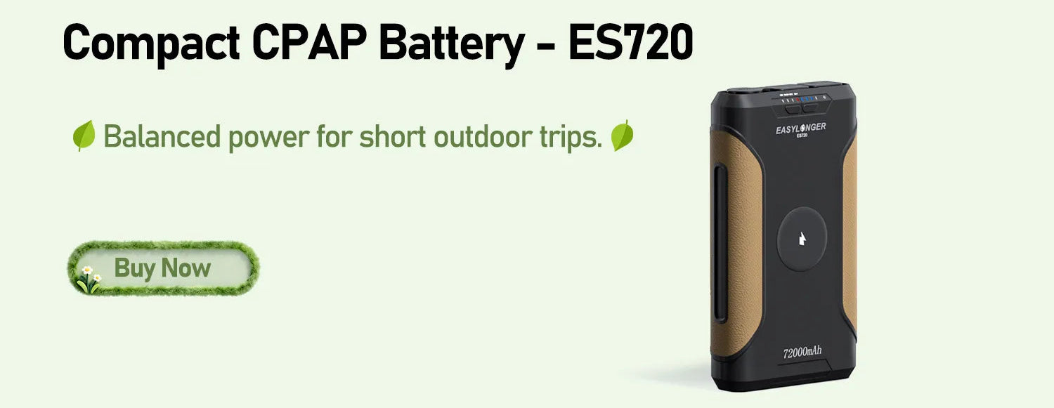 A black and brown compact CPAP battery labeled ES720 is shown on the right. Text on the left reads: Compact CPAP Battery – ES720. Balanced power for short outdoor trips. A green Buy Now button is below.
