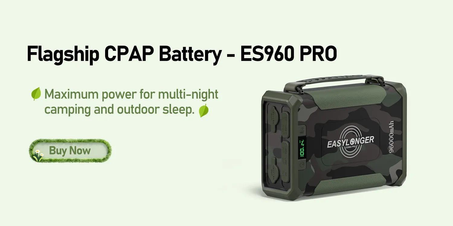 A camouflage-patterned portable CPAP battery labeled EASYLONGER ES960PRO 96000mAh is shown next to text promoting it as a flagship product for camping and outdoor sleep. A green Buy Now button is visible.