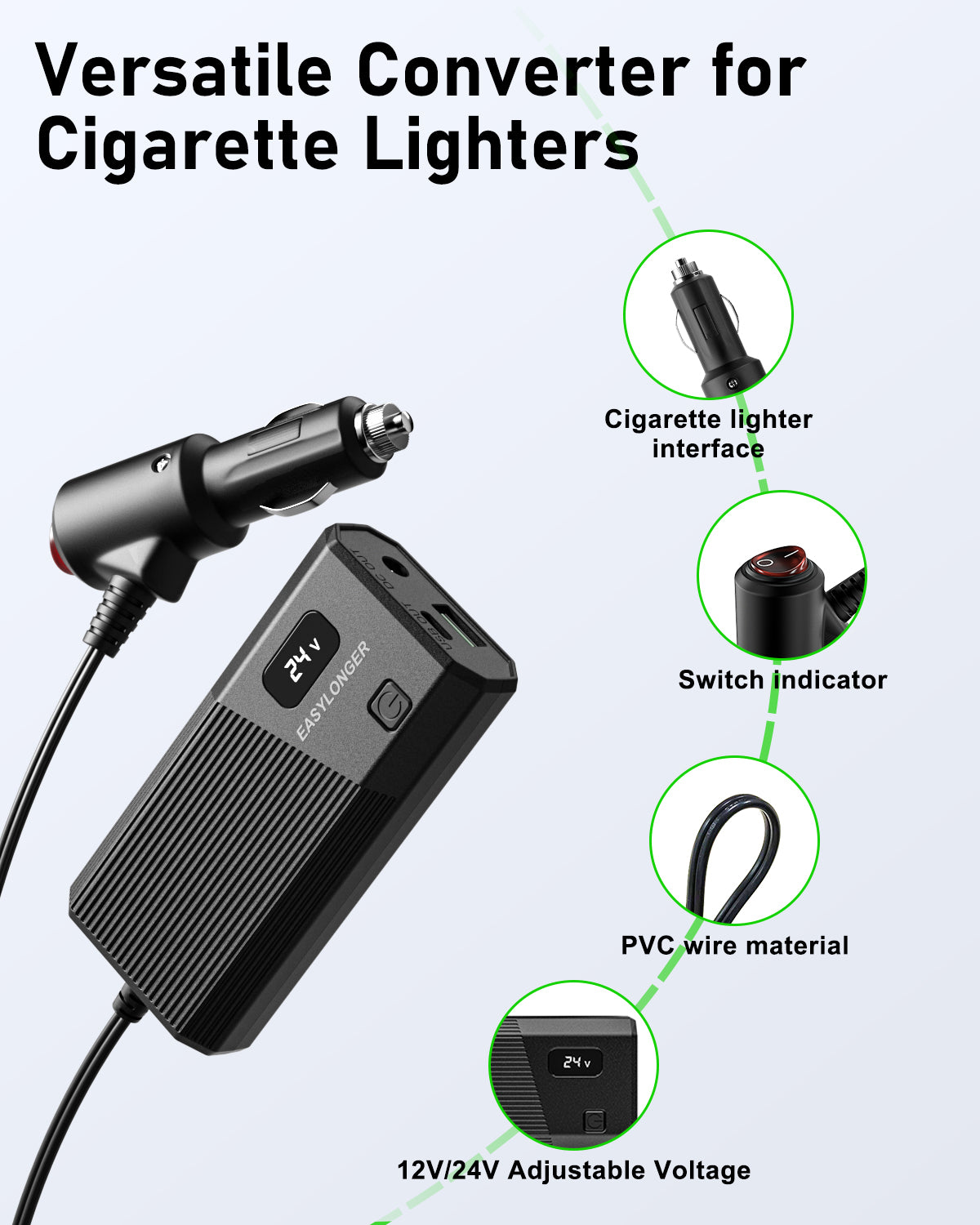 The EASYLONGER Universal CPAP DC Power Cord (12V/24V) car charger for ResMed & Philips is shown in black, with labeled parts: cigarette lighter interface, switch indicator, PVC wire, and an adjustable voltage switch. Ideal for video showcases.