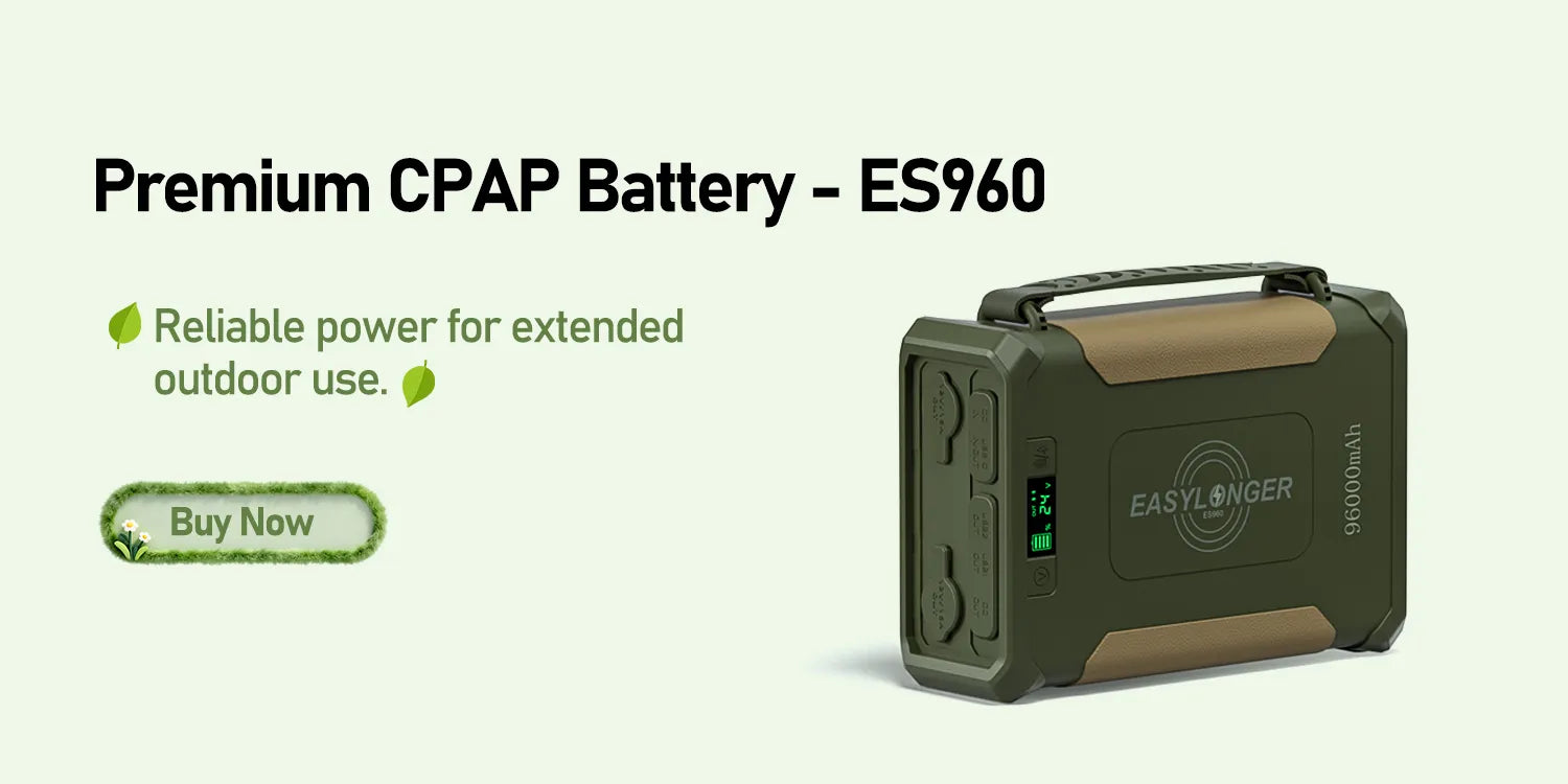 A green EasyLonger ES960 CPAP battery is shown on the right. Text on the left reads Premium CPAP Battery – ES960. Reliable power for extended outdoor use. and a green Buy Now button is below.