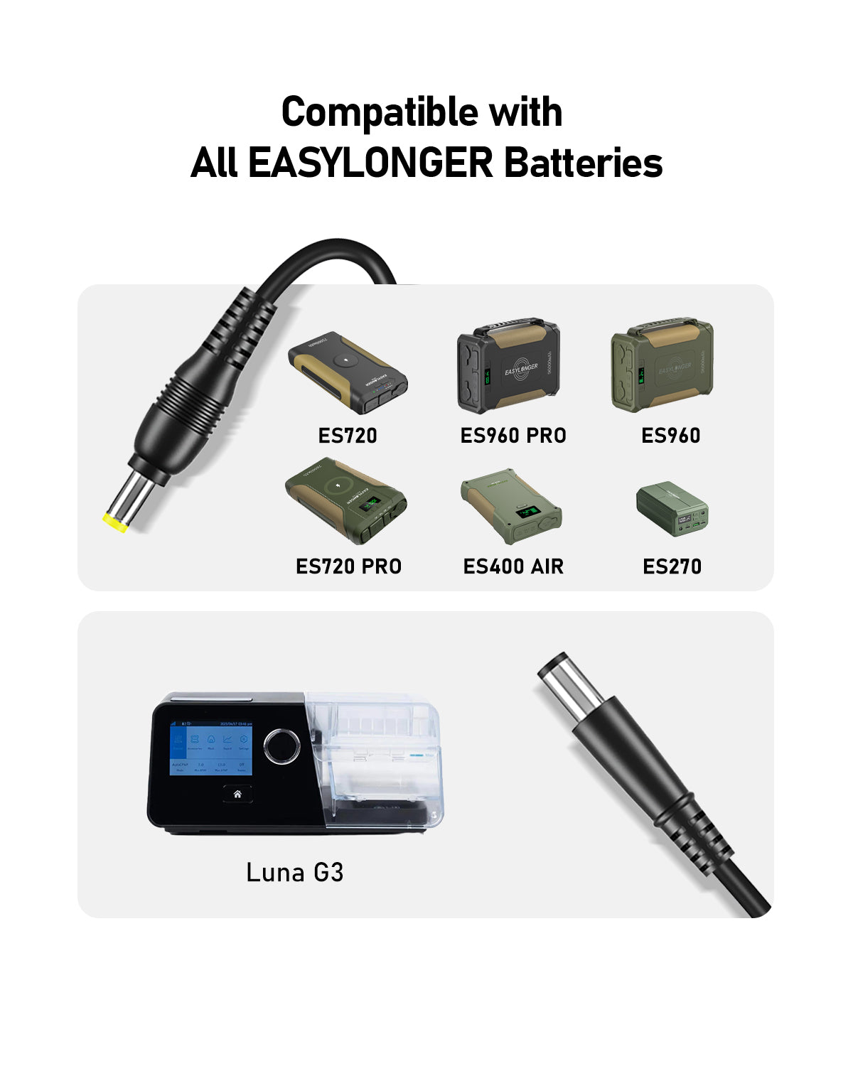 Diagram of the EASYLONGER ESG3 DC Power Cord for BMC Luna G3 CPAP, showing compatibility with EASYLONGER batteries: ES720, ES960 PRO, ES960, ES720 PRO, ES400 AIR, and ES270.