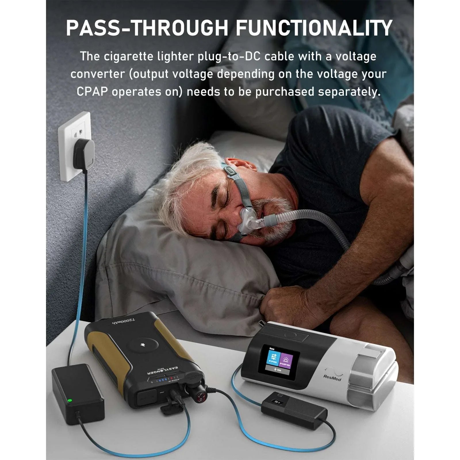 Man sleeping with CPAP machine connected to ES400 AIR portable power station on bedside table