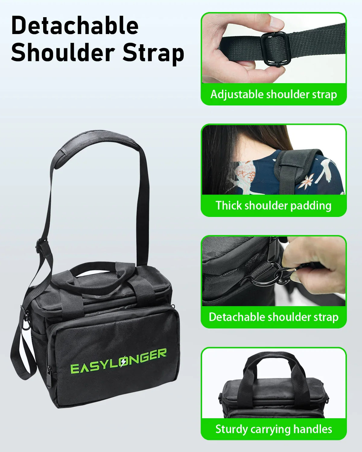 Black bag with EASYLONGER logo, detachable shoulder strap, adjustable strap, thick padding, sturdy handles