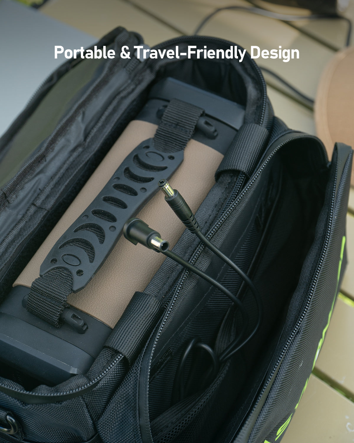 A black carrying case holds the EASYLONGER ESMC DC Power Cord for Somnetics Transcend Micro Travel CPAP (19V, 3.2ft). White text above says “Portable & Travel-Friendly Design.” The EASYLONGER cable and accessories are arranged on a light surface.