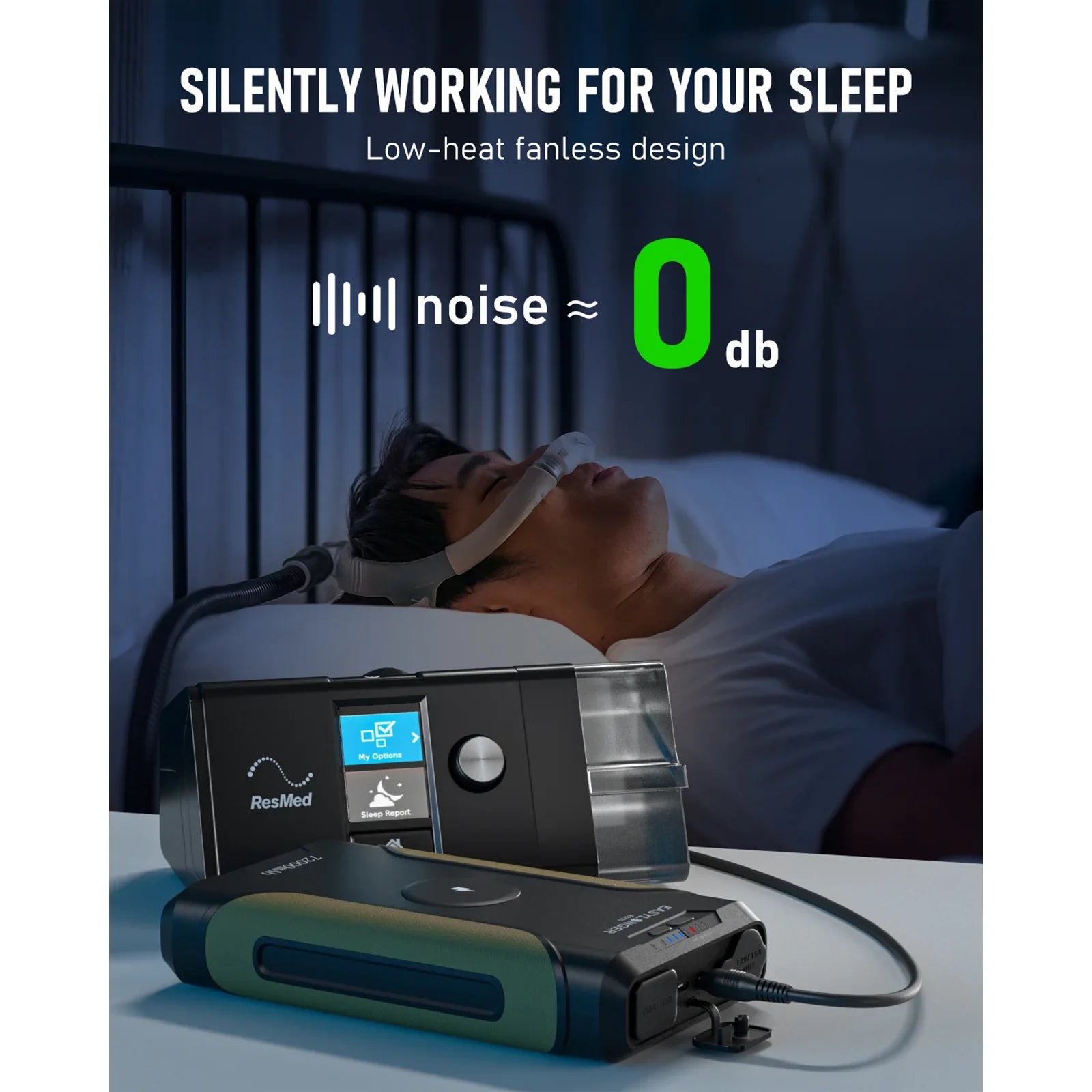 EASYLONGER ES400 AIR battery connected to a CPAP machine on bedside table, person sleeping with mask