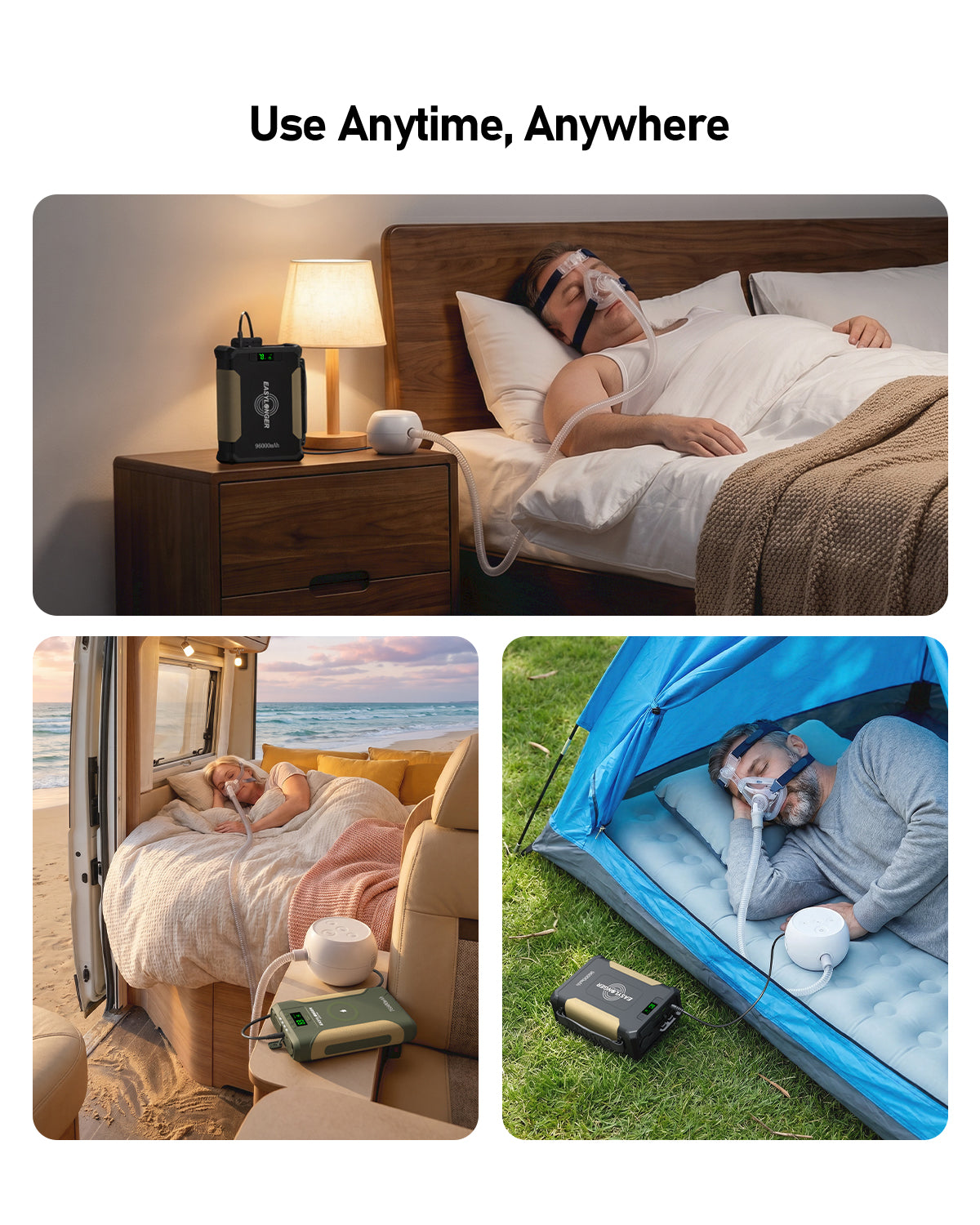 Three images show a person using a Transcend Micro Travel CPAP at home, in a beach camper, and on a tent sleeping pad, highlighting portable use with the EASYLONGER ESMC DC Power Cord — a 19V, 3.2ft replacement cable for Somnetics Transcend Micro.