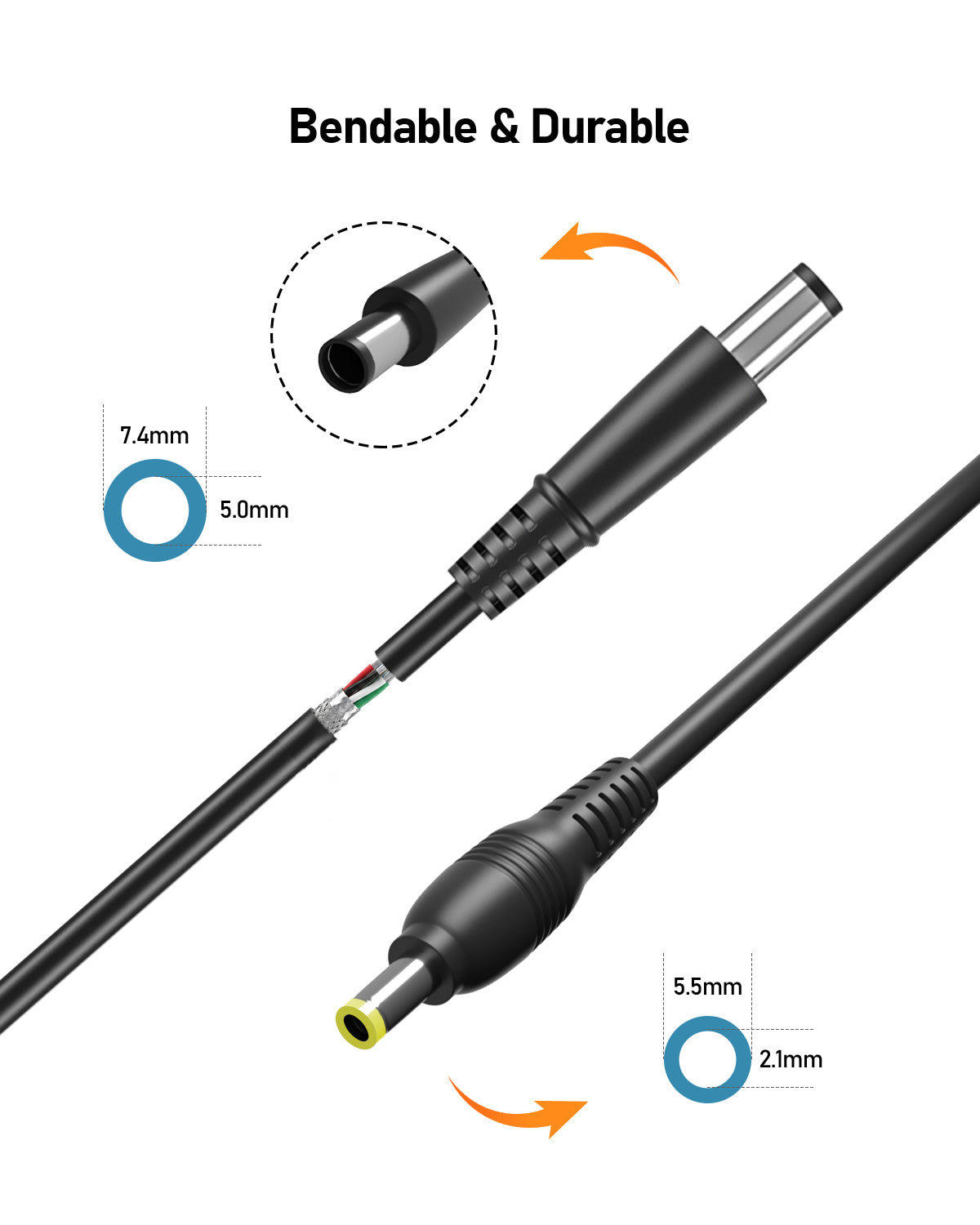 The EASYLONGER ESG3 DC Power Cord for BMC Luna G3 CPAP & BiPAP (24V, 3.2ft) features 7.4mm/5.0mm and 5.5mm/2.1mm connectors; highlighted text: Bendable & Durable. Ideal replacement cable by EASYLONGER in black.