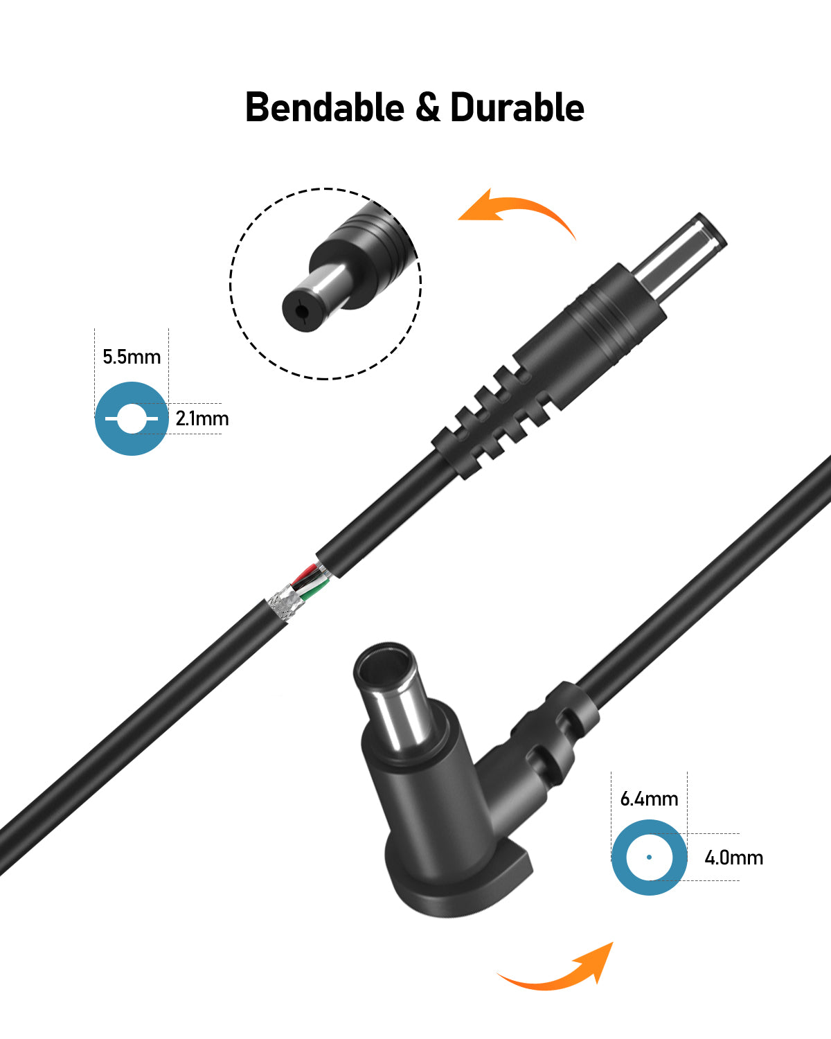 A diagram shows the EASYLONGER ESMC DC Power Cord for Somnetics Transcend Micro Travel CPAP (19V, 3.2ft), featuring black straight and right-angle connectors (5.5mm x 2.1mm, 6.4mm x 4.0mm). Text: "Bendable & Durable.