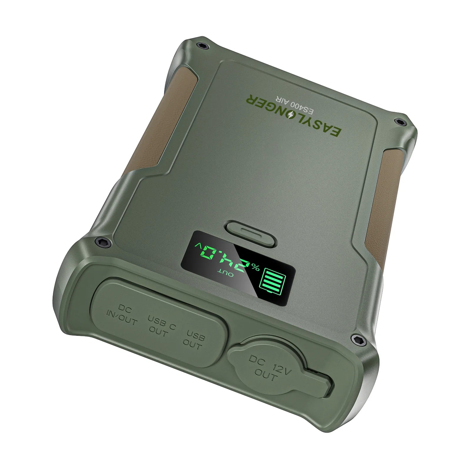 A rugged olive green EASYLONGER ES400 AIR CPAP Battery Backup (148Wh LiFePO4, airline-approved) features a digital display at 64% and DC/USB ports—ideal for gallery images or video showcases.