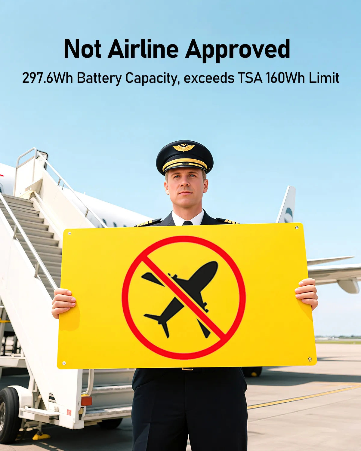 Person in pilot uniform holding a sign with a no-airplane symbol, with text about battery capacity and TSA limits.