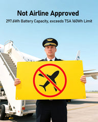Person in pilot uniform holding a sign with a no-airplane symbol, with text about battery capacity and TSA limits.