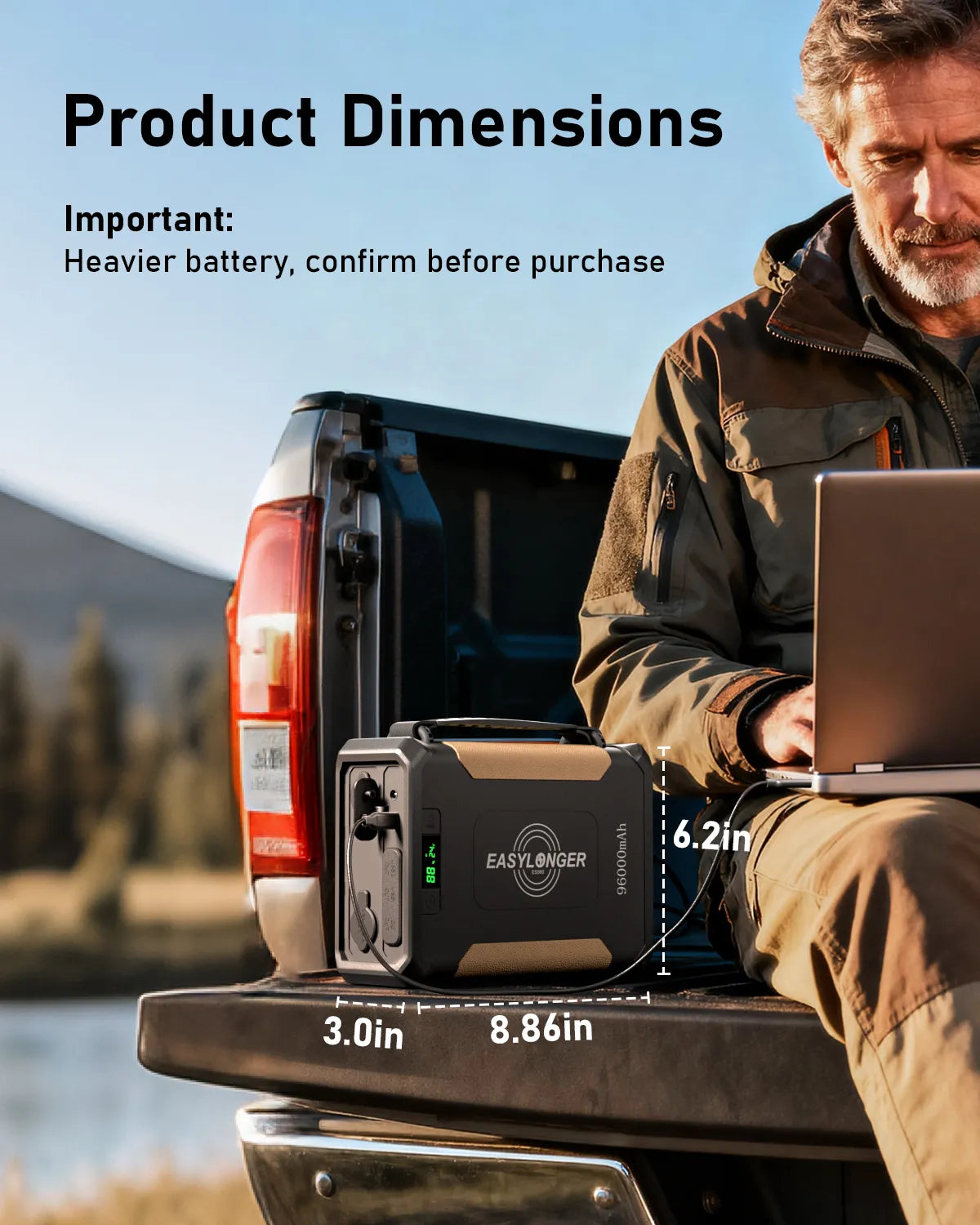 portable power station EASYLONGER on pickup truck tailgate, size shown, man using laptop outdoors
