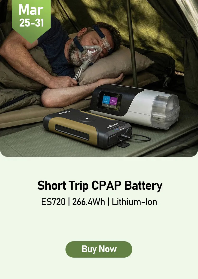 A man lies in a tent using a CPAP machine powered by a portable battery. Two battery devices are displayed beside him. Text promotes a short trip CPAP battery, model ES720, with 266.4Wh capacity and lithium-ion technology.