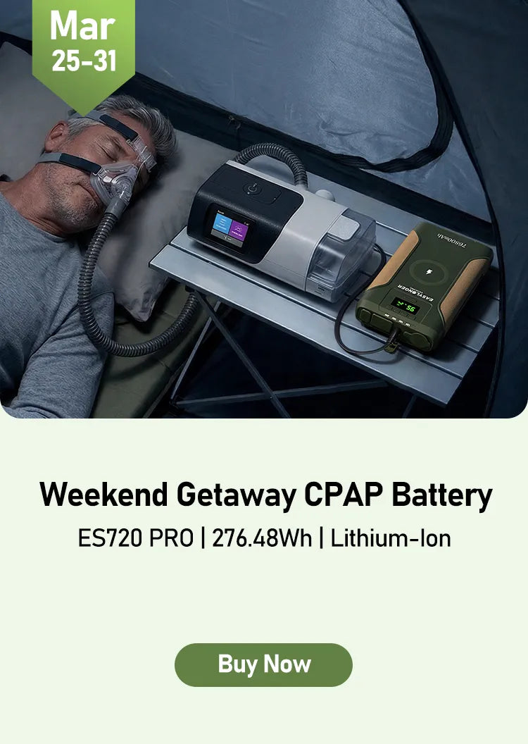 A man sleeps in a tent using a CPAP machine powered by a portable battery on a small table. Text reads: Mar 25-31, Weekend Getaway CPAP Battery, ES720 PRO | 276.48Wh | Lithium-Ion, Buy Now.