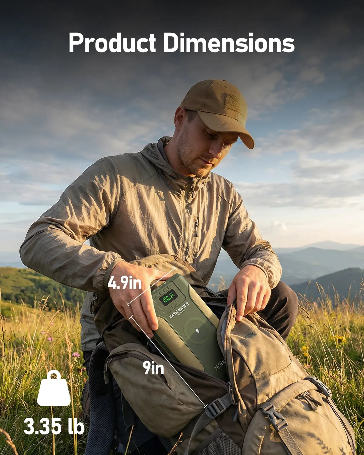 Outdoors, someone packs the EASYLONGER ES720 PRO CPAP Battery Backup by EASYLONGER (4.9" x 9", 3.35 lbs) into a backpack with grassy hills and mountains behind—a portable, reliable camping power supply for CPAP devices.