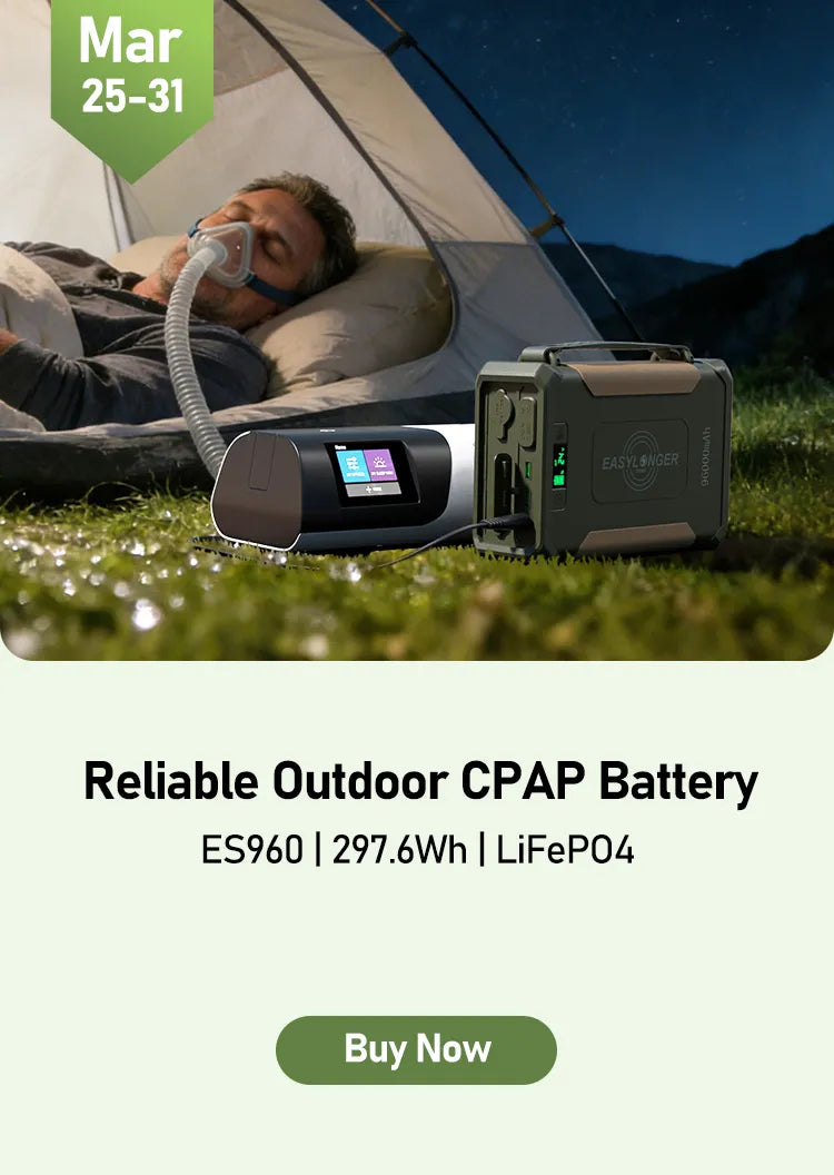 A man sleeps in a tent using a CPAP machine powered by an EasyLonger outdoor battery. Text shows dates March 25-31 and highlights the ES960 model with 297.6Wh LiFePO4 battery. A “Buy Now” button appears below.
