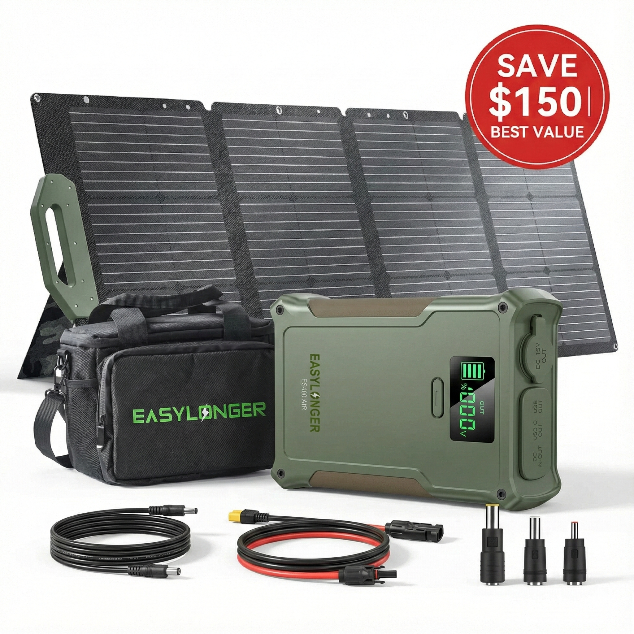 Solar panel system with power bank, cables, and carrying bag on a white background