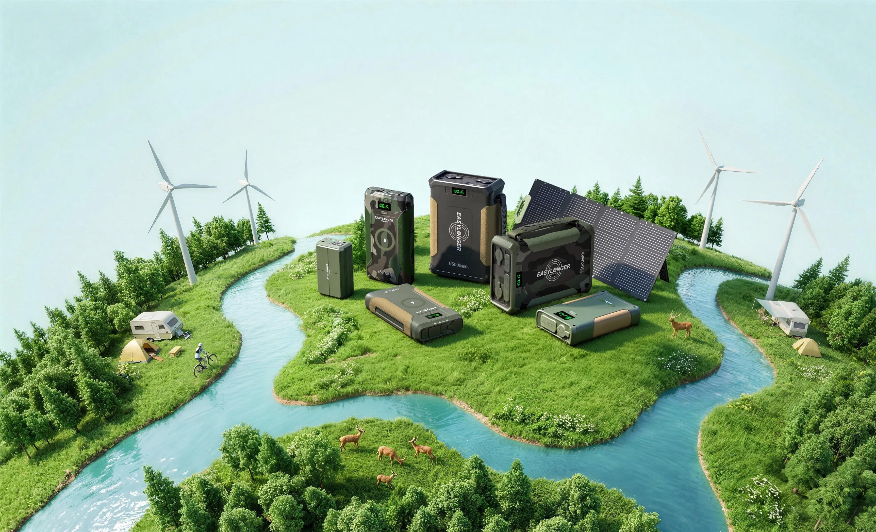 A group of portable electronic devices and solar panels arranged on a small green island surrounded by winding blue water, trees, and wind turbines under a pale sky.