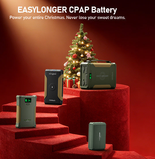 Easylonger CPAP battery on a red platform with a Christmas tree in the background