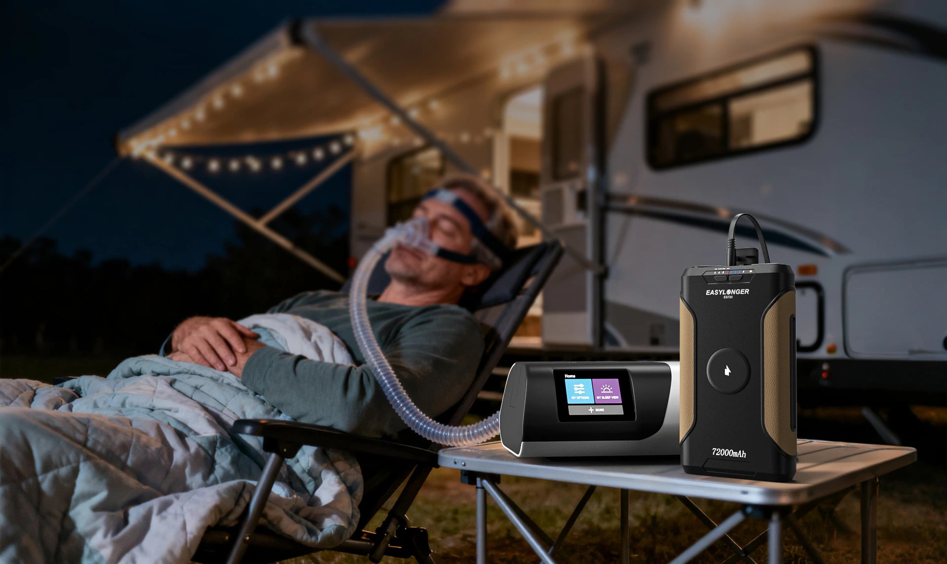 EASYLONGER battery and CPAP prepared at a campsite